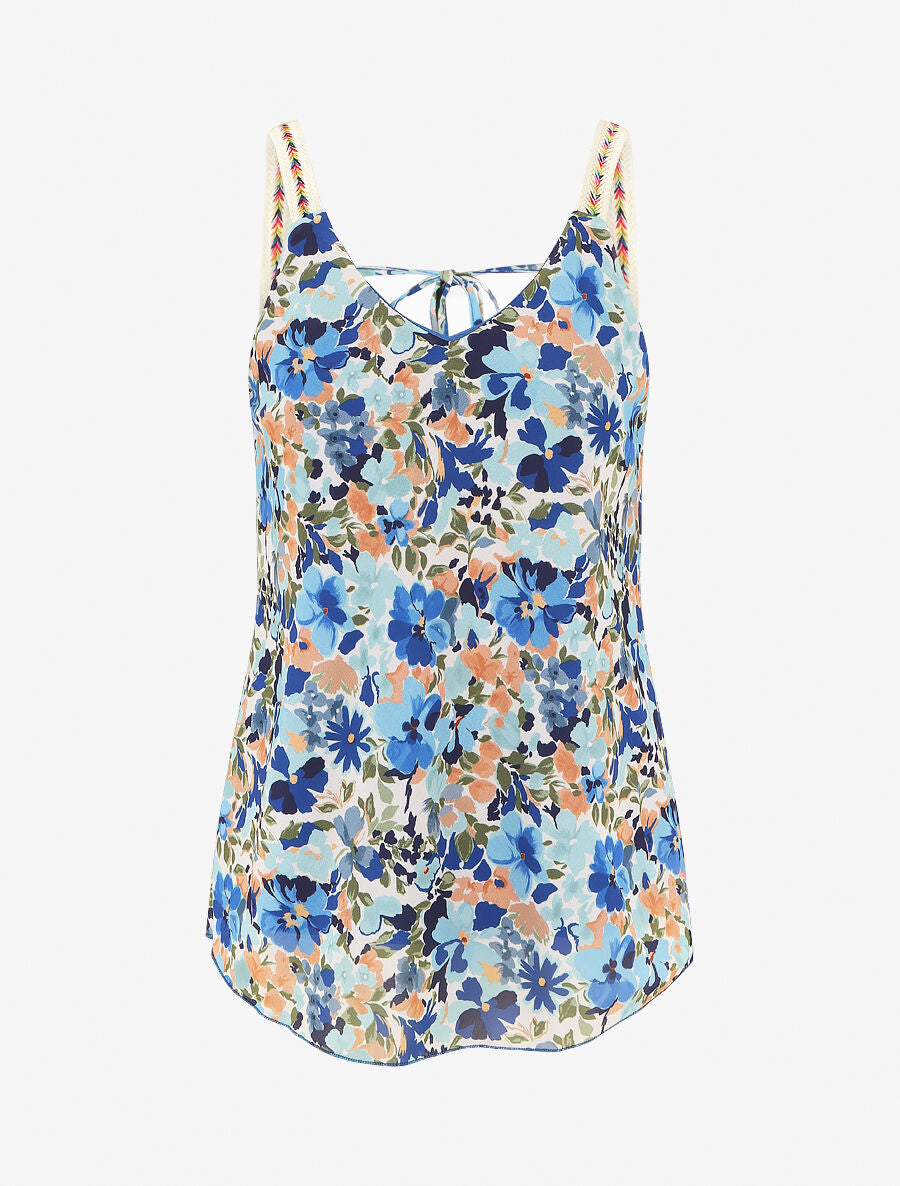Débardeur motif floral et bretelles fantaisies - Bleu - 1