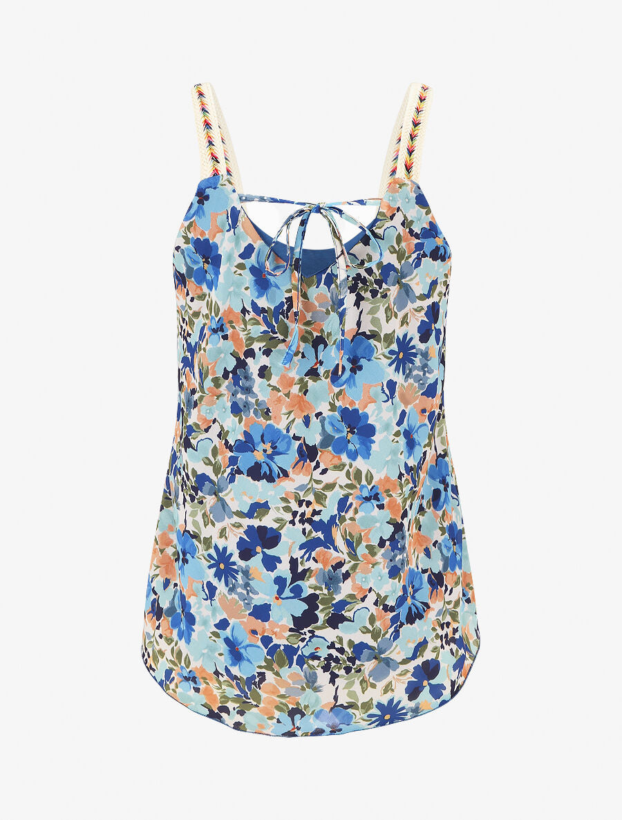 Débardeur motif floral et bretelles fantaisies - Bleu - 2