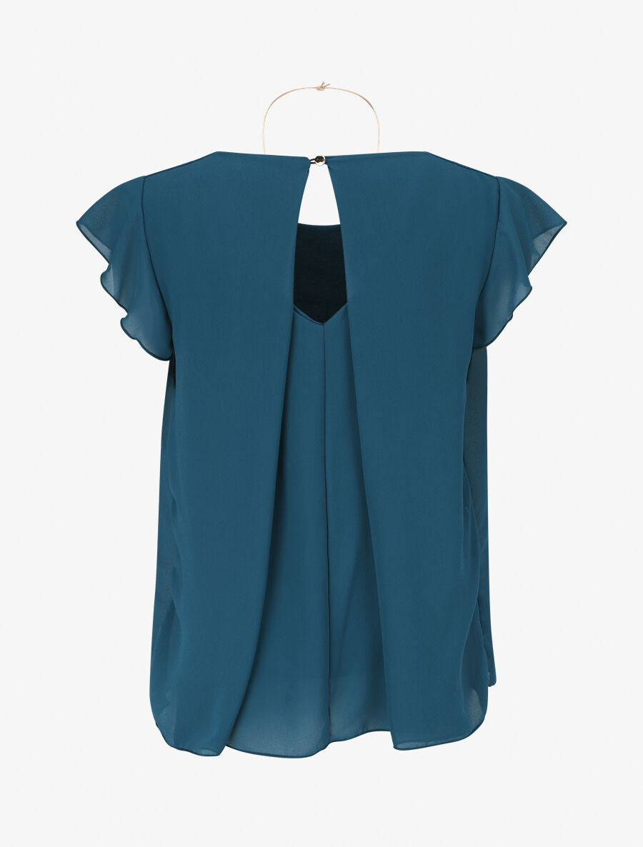 Top ample en voile épaules volantées - Bleu canard - 2