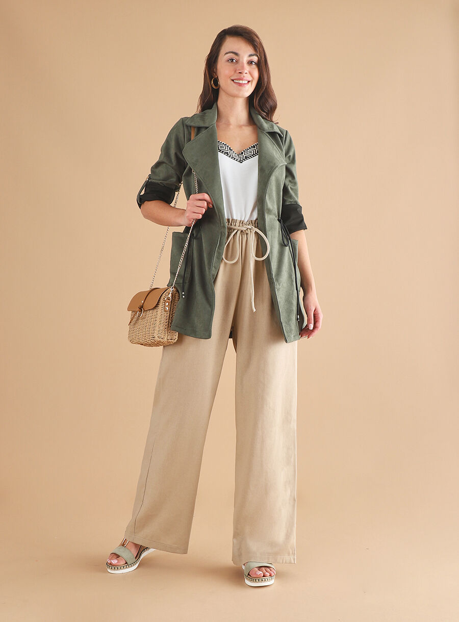 Veste longue unie en suédine - Kaki - 4