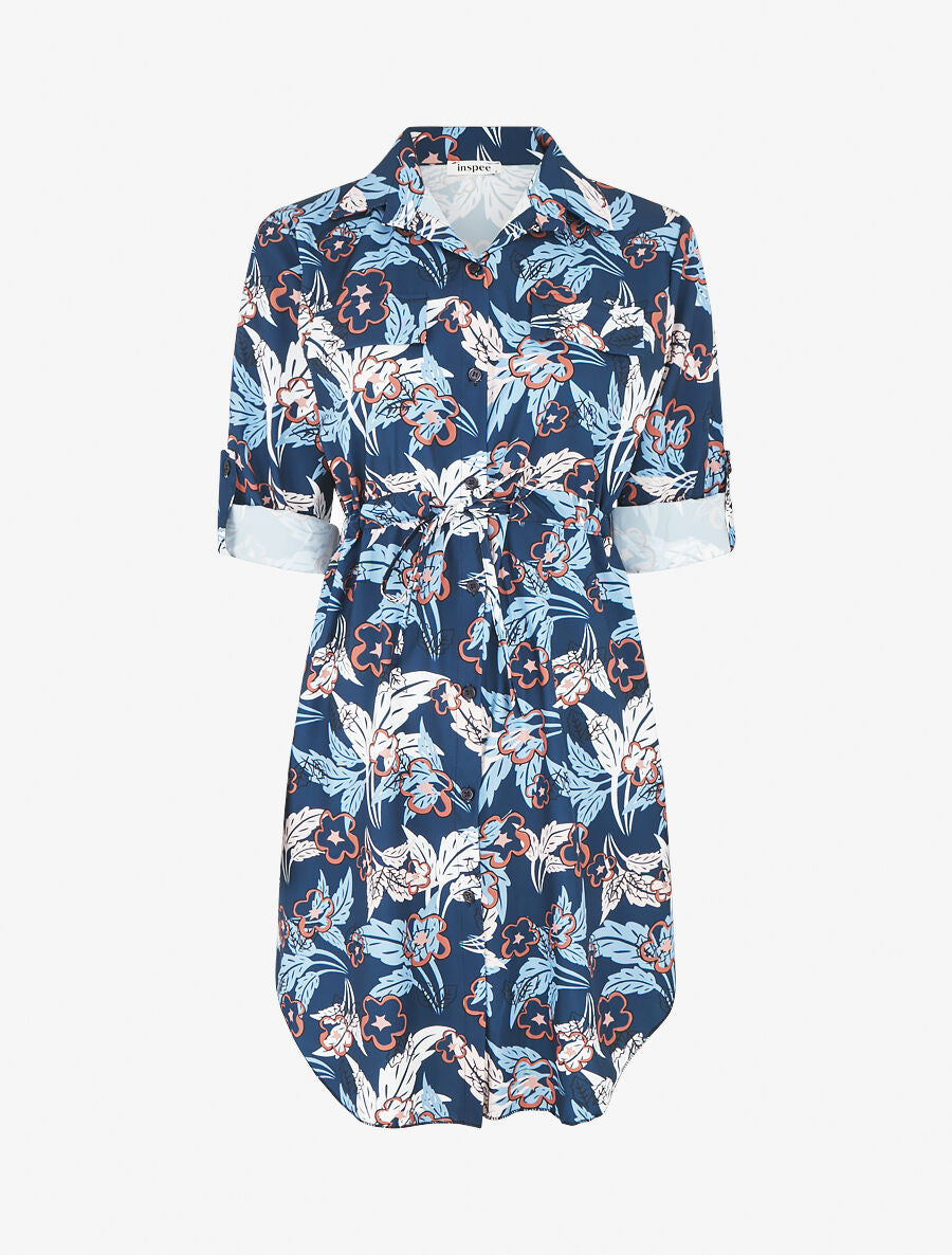 Robe imprimé fantaisie à manches retroussables - Bleu - 4