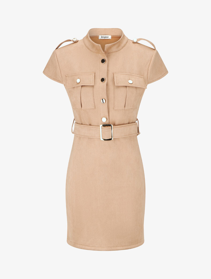 Robe courte en suédine ceinturée - Beige - 5