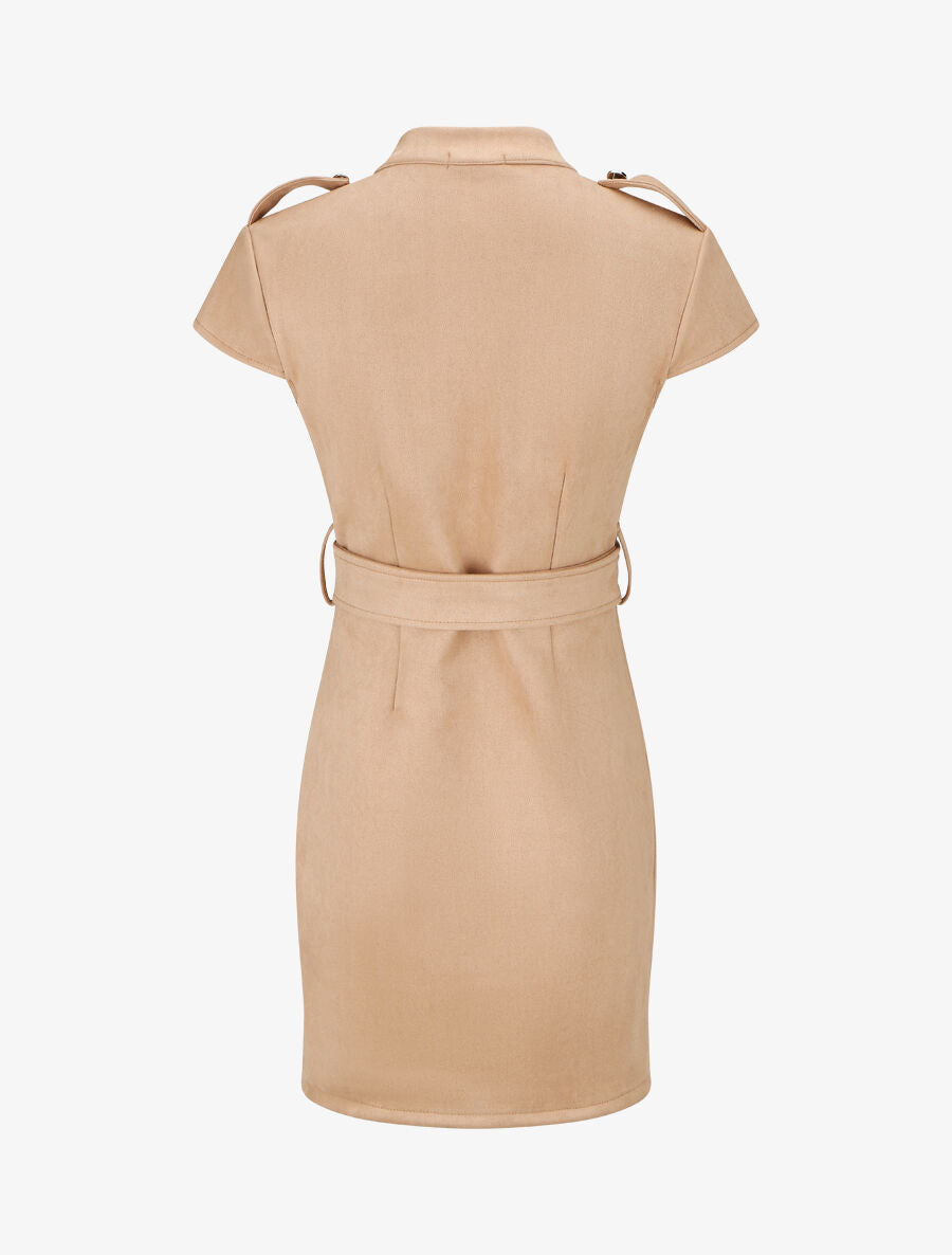 Robe courte en suédine ceinturée - Beige - 2