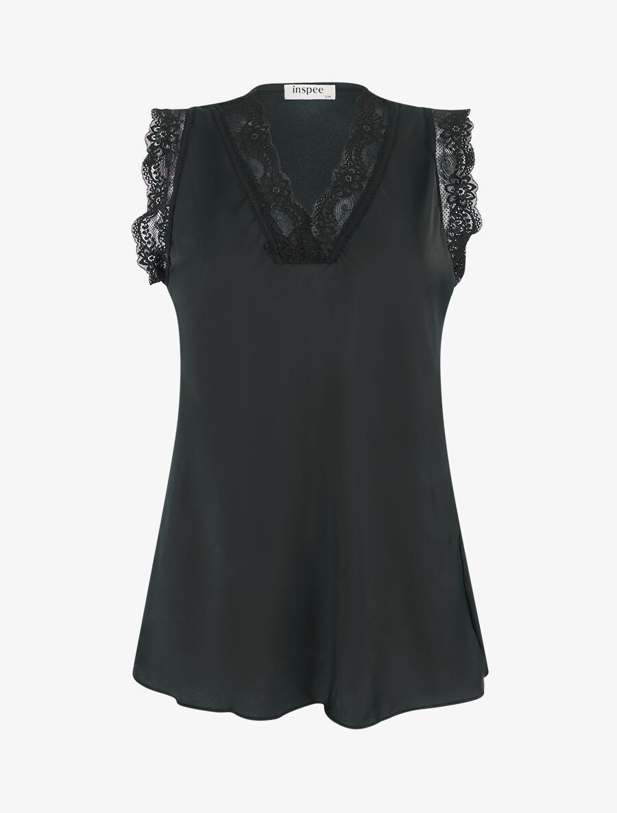 Top satiné à détail dentelle - Noir - 4