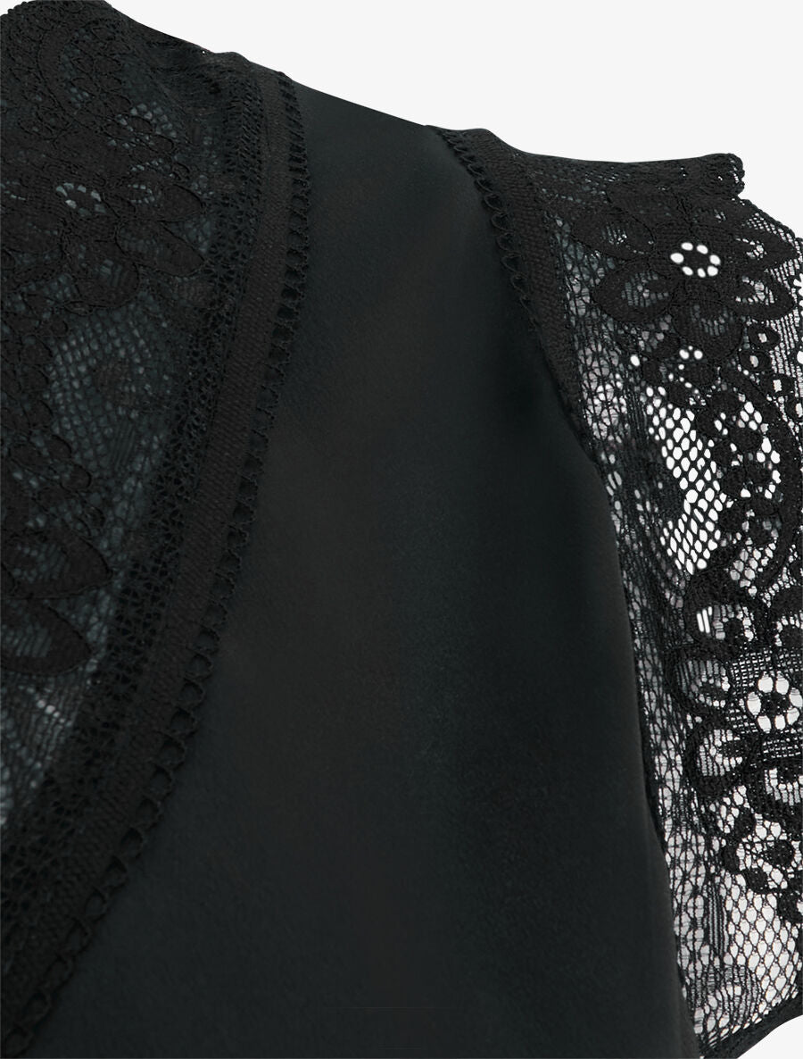 Top satiné à détail dentelle - Noir - 3