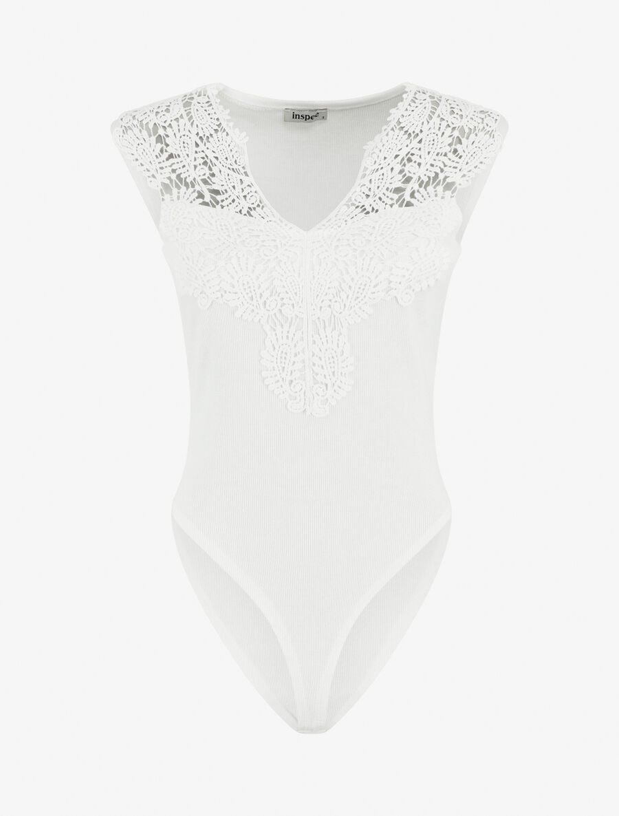 Body sans manches col V en dentelle - Blanc - 1