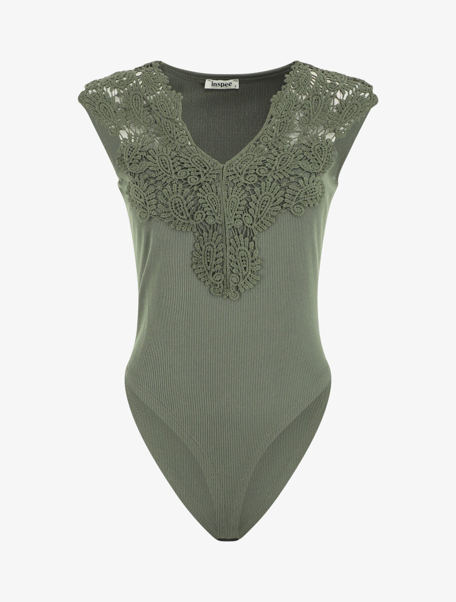 Body sans manches col V en dentelle - Kaki - 1