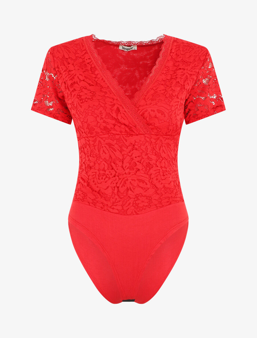 Body manches courtes en dentelle - Rouge - 1