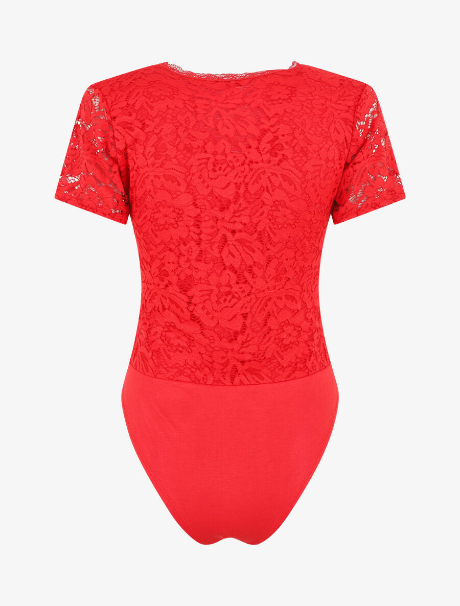Body manches courtes en dentelle - Rouge - 2