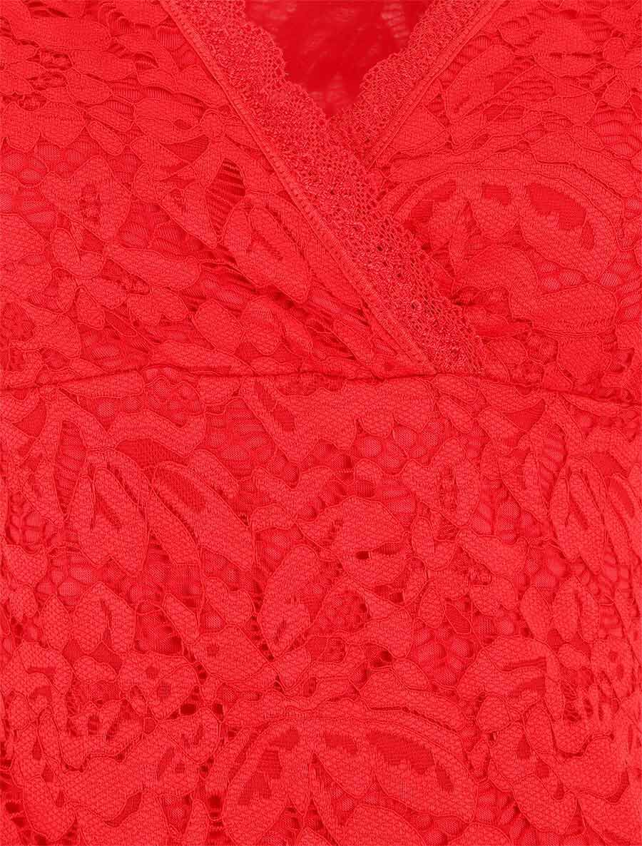 Body manches courtes en dentelle - Rouge - 3