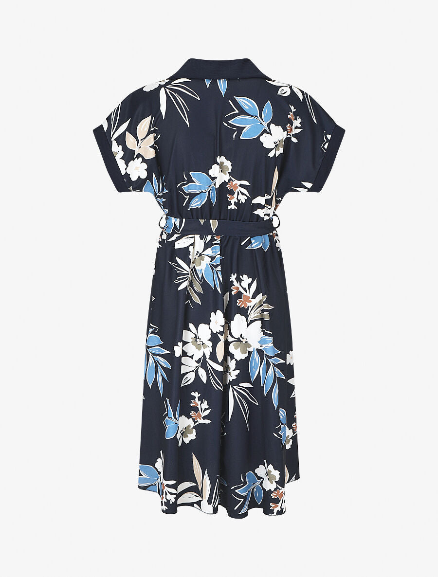 Robe chemise motif fleuri manches courtes - Marine - 2