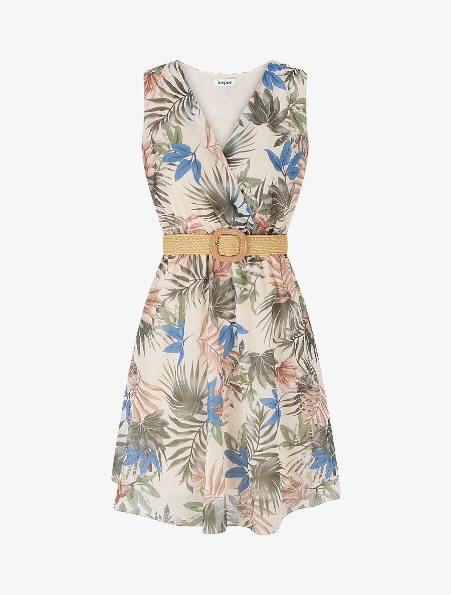 Robe élastiquée à imprimé feuillage - Kaki - 4