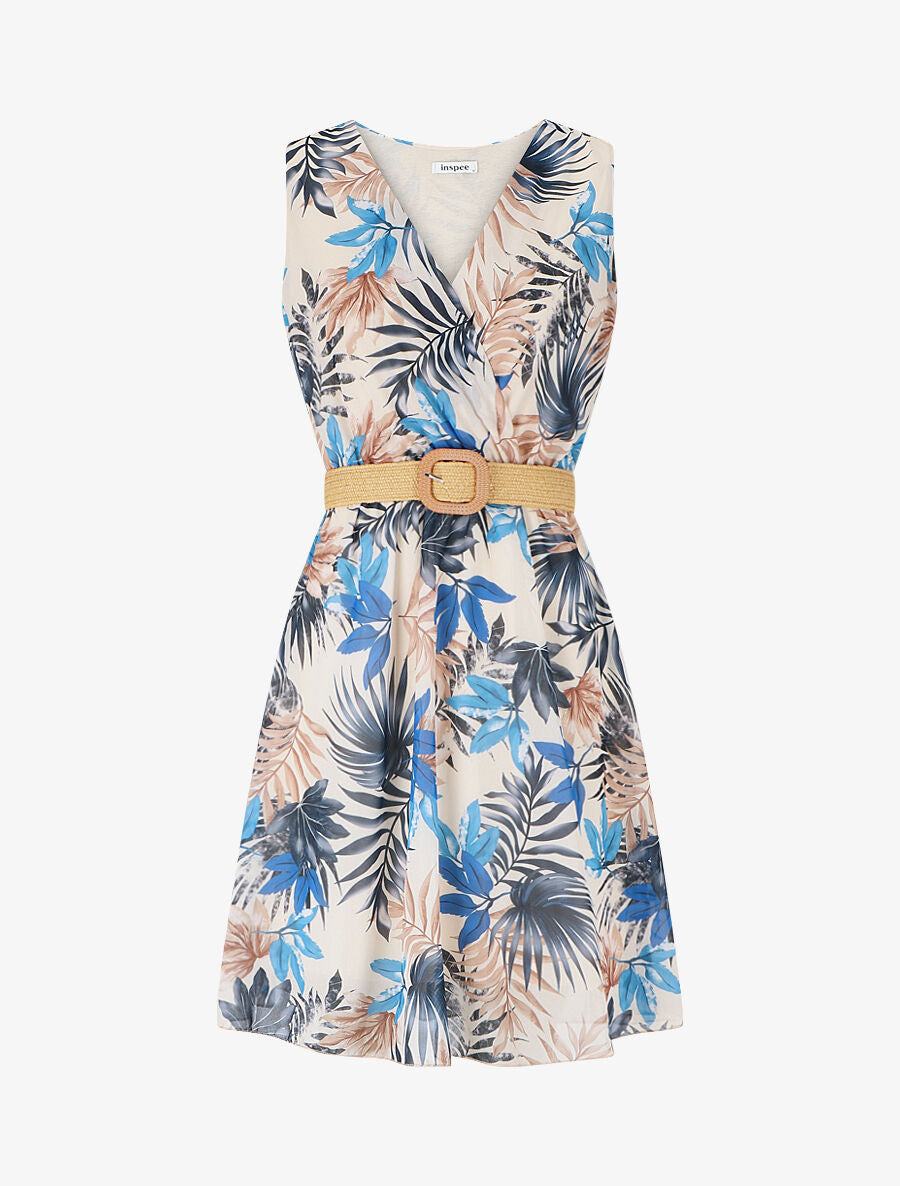 Robe élastiquée à imprimé feuillage - Bleu - 1