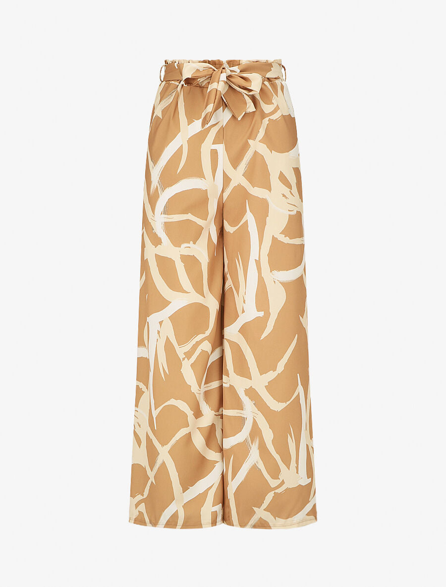 Pantalon ample taille haute motif graphique - Camel - 1