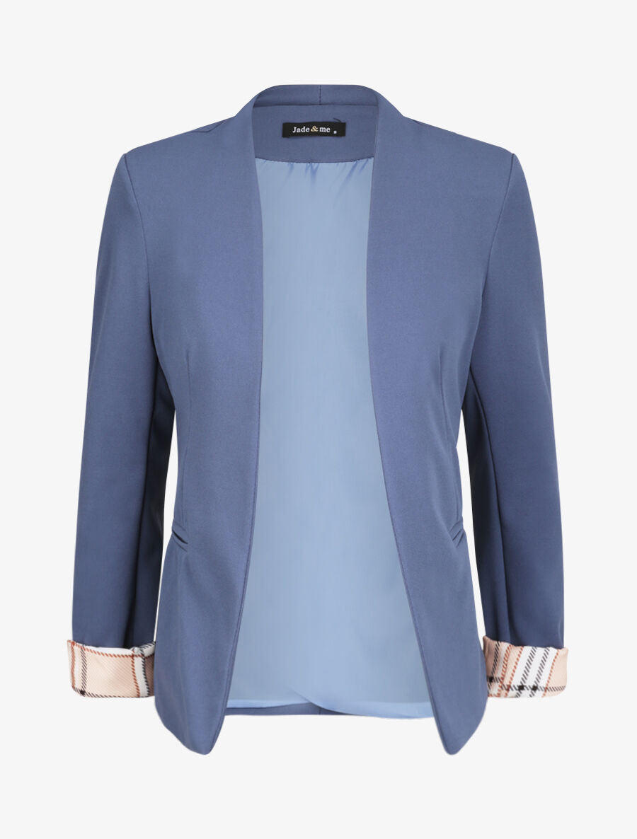 Blazer slim uni à revers imprimé carreaux - Bleu - 4