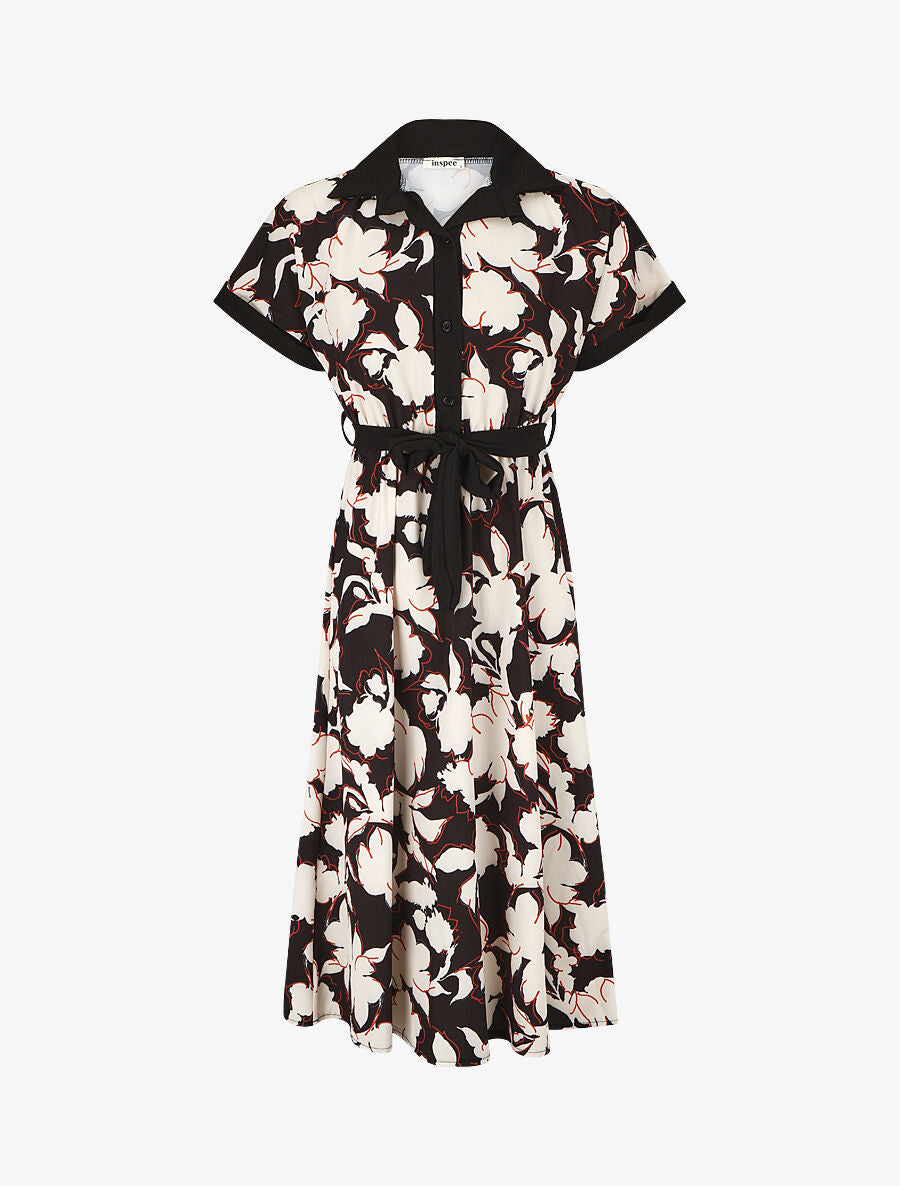 Robe longue élastiquée à imprimé floral - Noir - 1