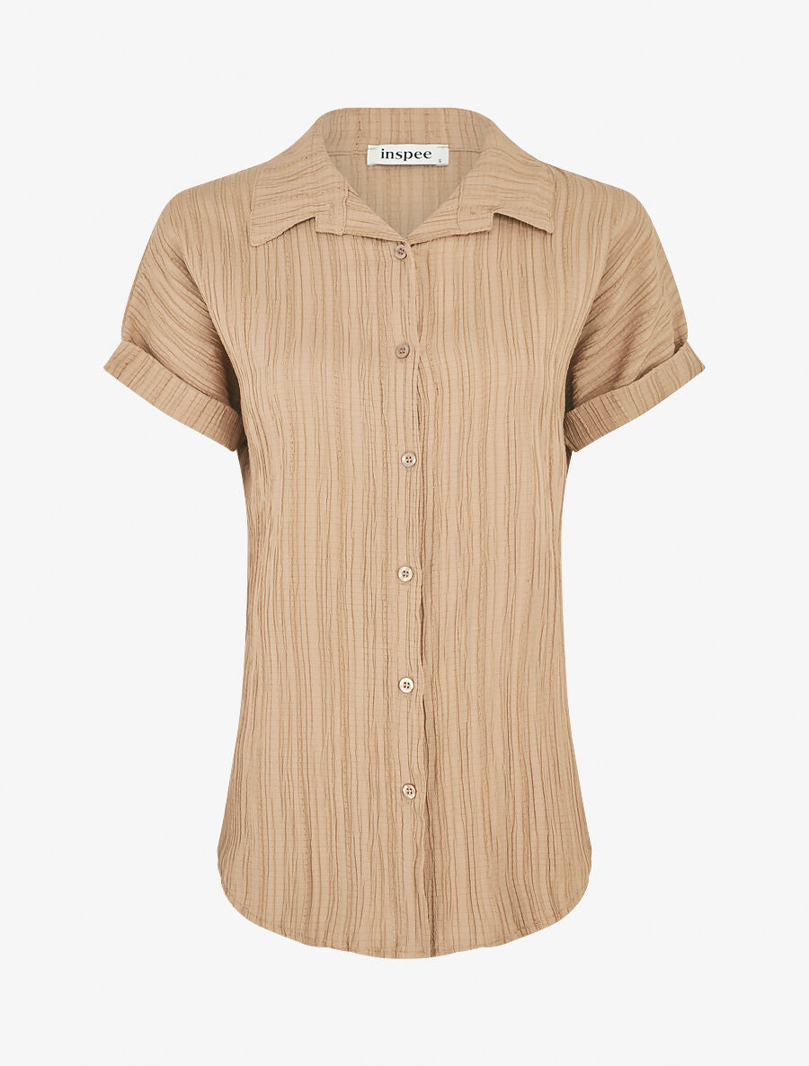Chemise texturée à manches courtes - Camel - 1
