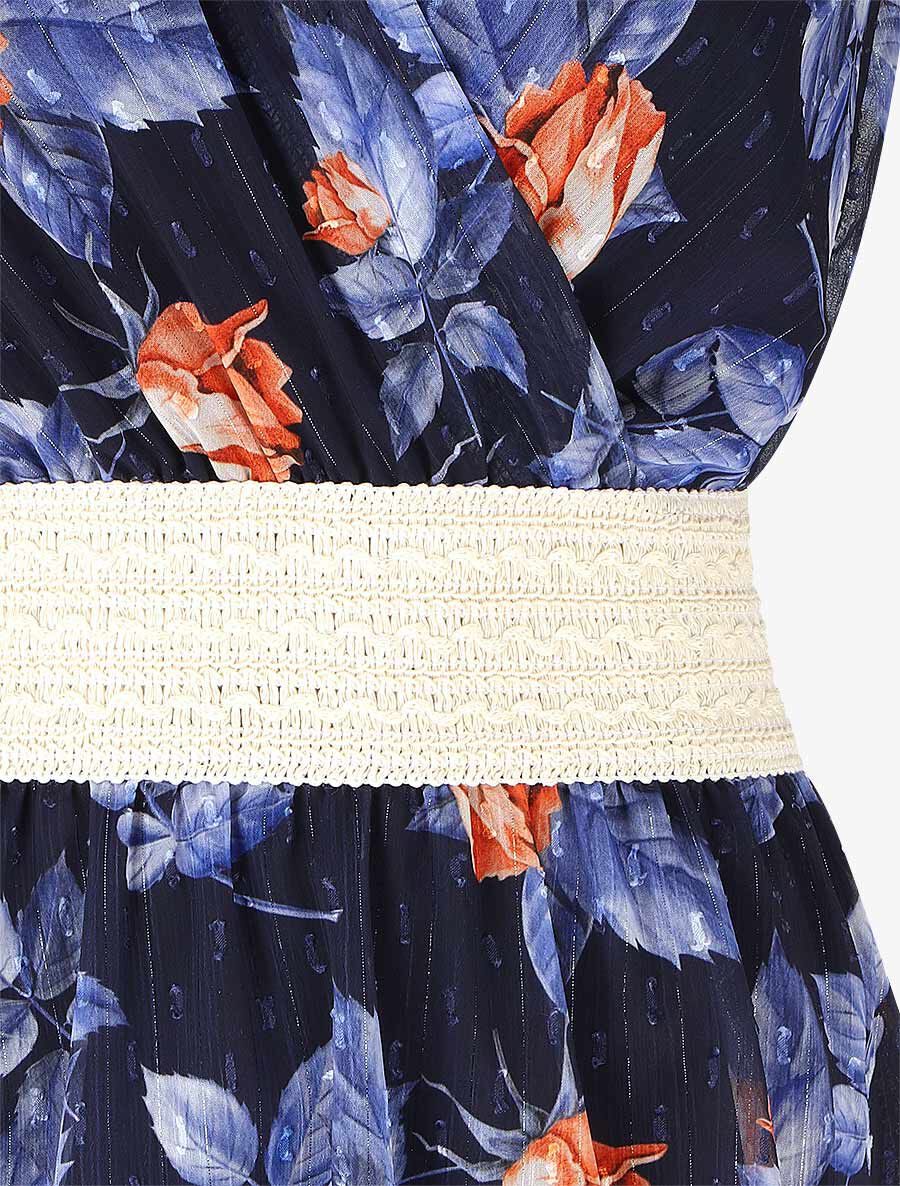 Robe mi-longue sans manches imprimé roses - Marine - 3