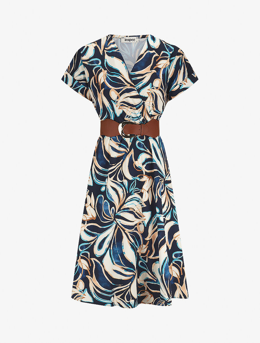 Robe longue évasée imprimé fleurs abstraites - Marine - 1