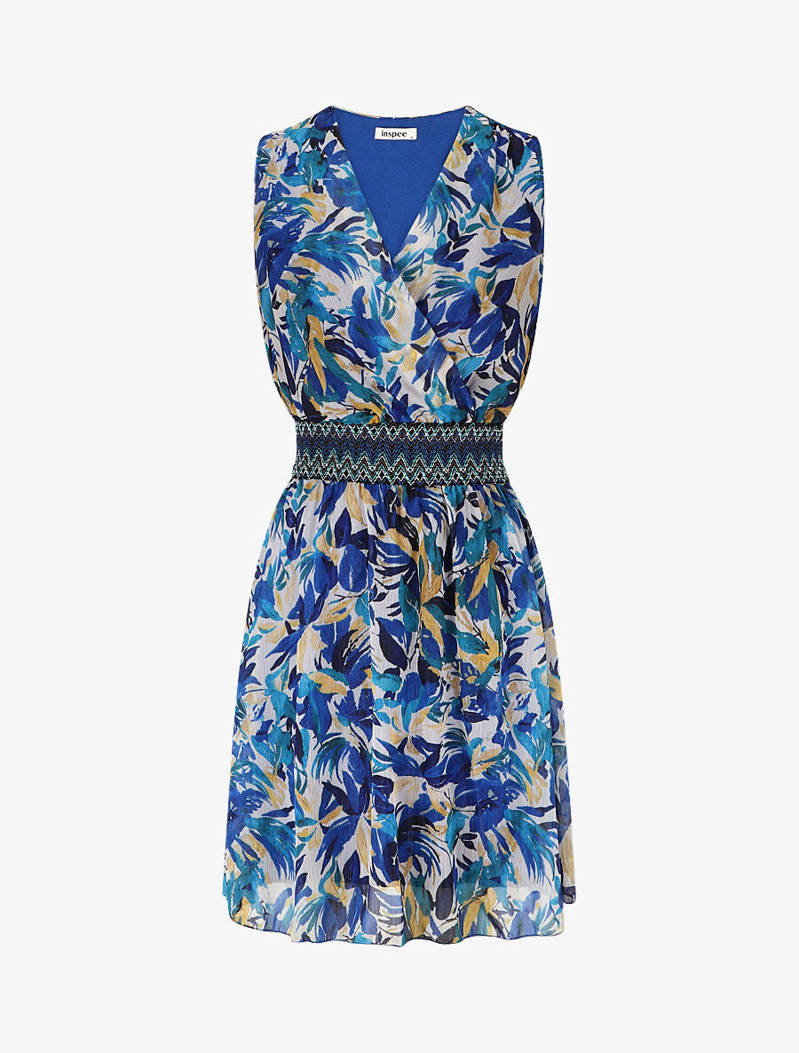 Robe mi-longue sans manches irisée motif végétal - Bleu foncé - 1