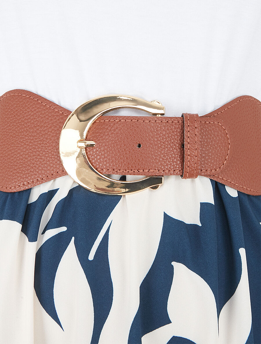 Robe longue à jupe imprimé feuillage - Marine - 3