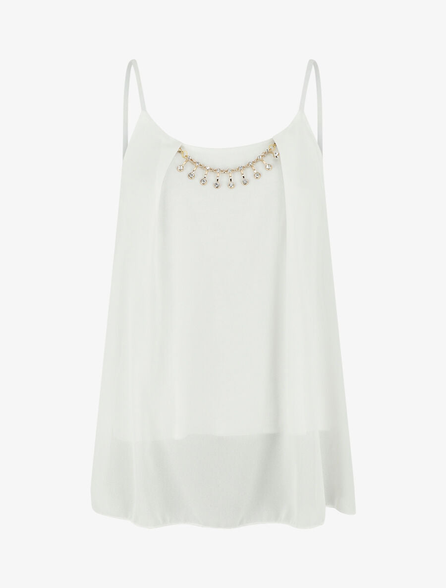 Top uni en voile à bretelles et bijou - Blanc - 4