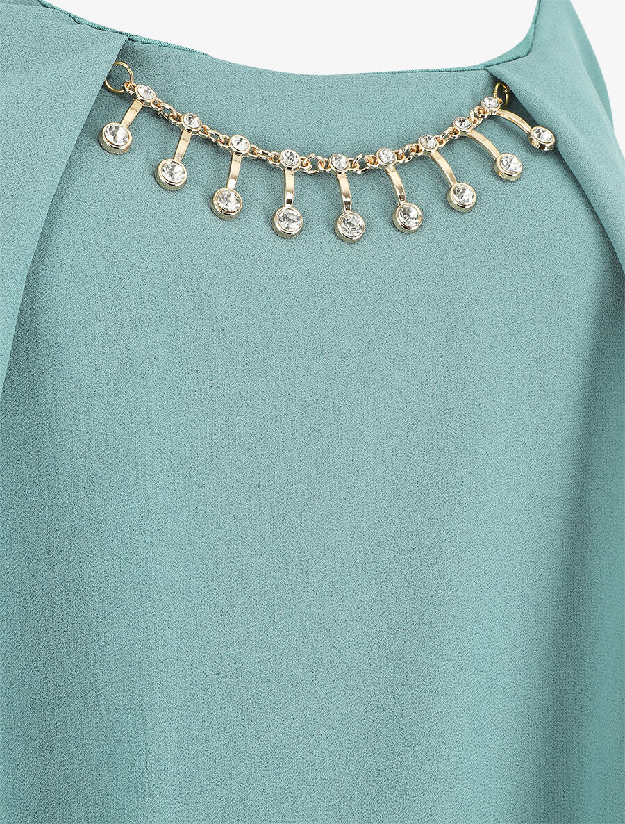 Top uni en voile à bretelles et bijou - Vert d&