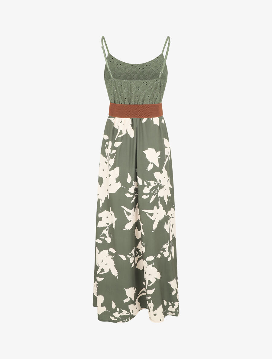 Robe longue bi-matière imprimé floral - Kaki - 2