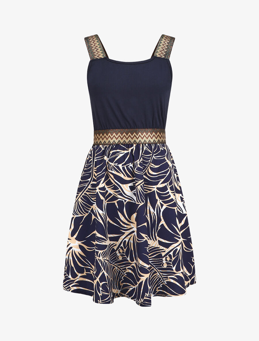 Robe courte tropicale bretelles fantaisies - Marine - 6