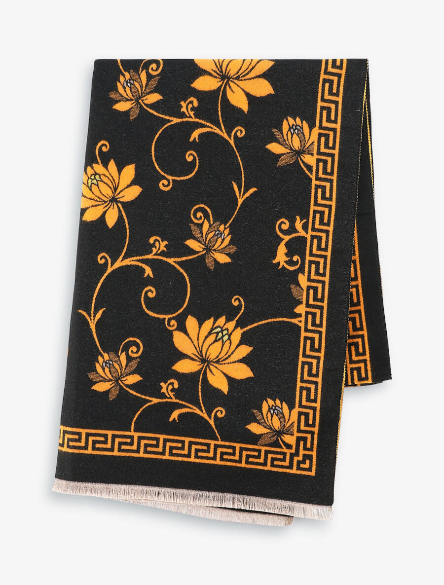 Echarpe en laine mélangée imprimé grec et fleurs - Noir - 2