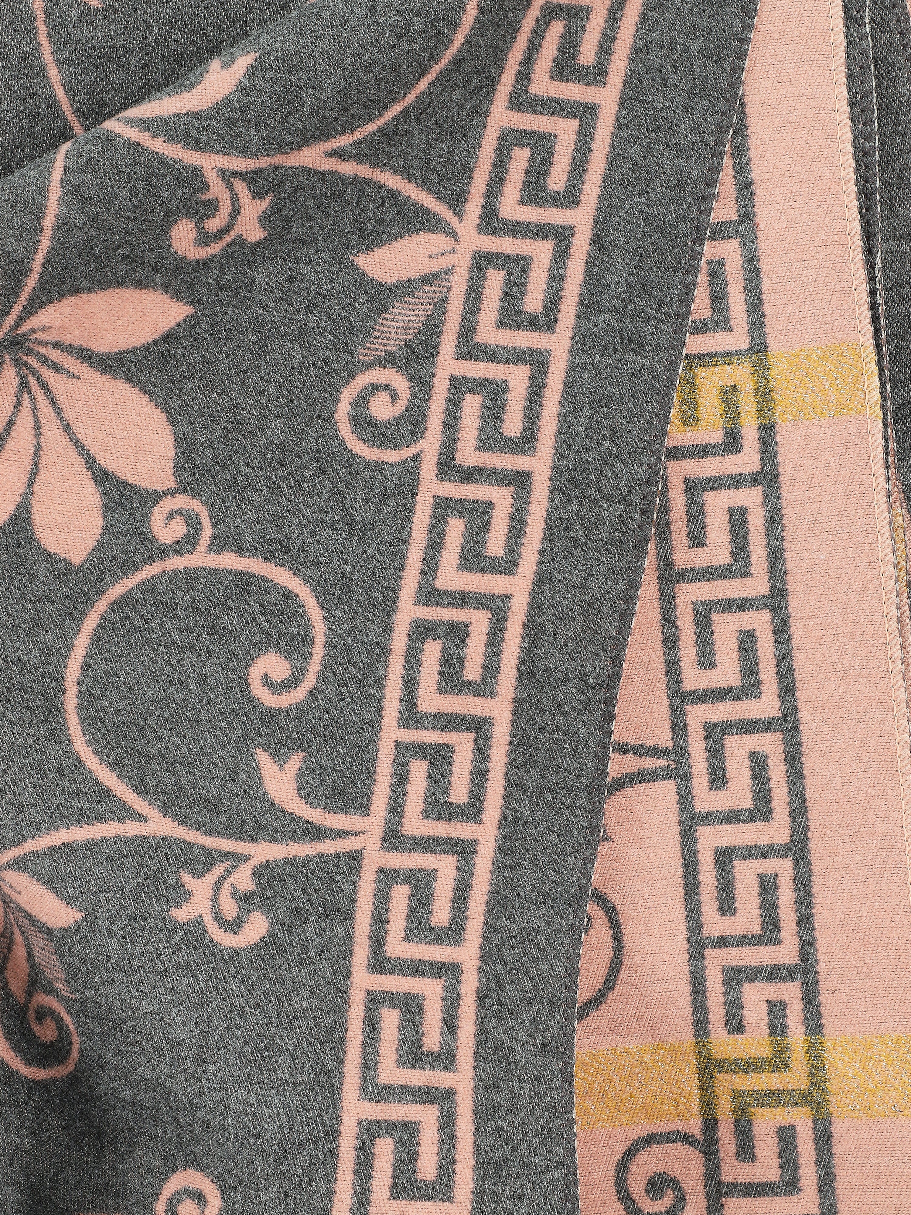 Echarpe en laine mélangée imprimé grec et fleurs - Rose - 3