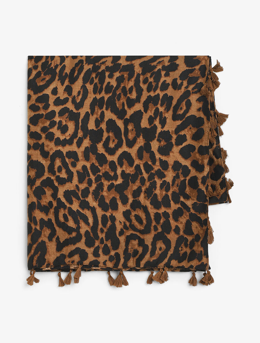 Foulard à imprimé léopard et pampilles - Noir - 2