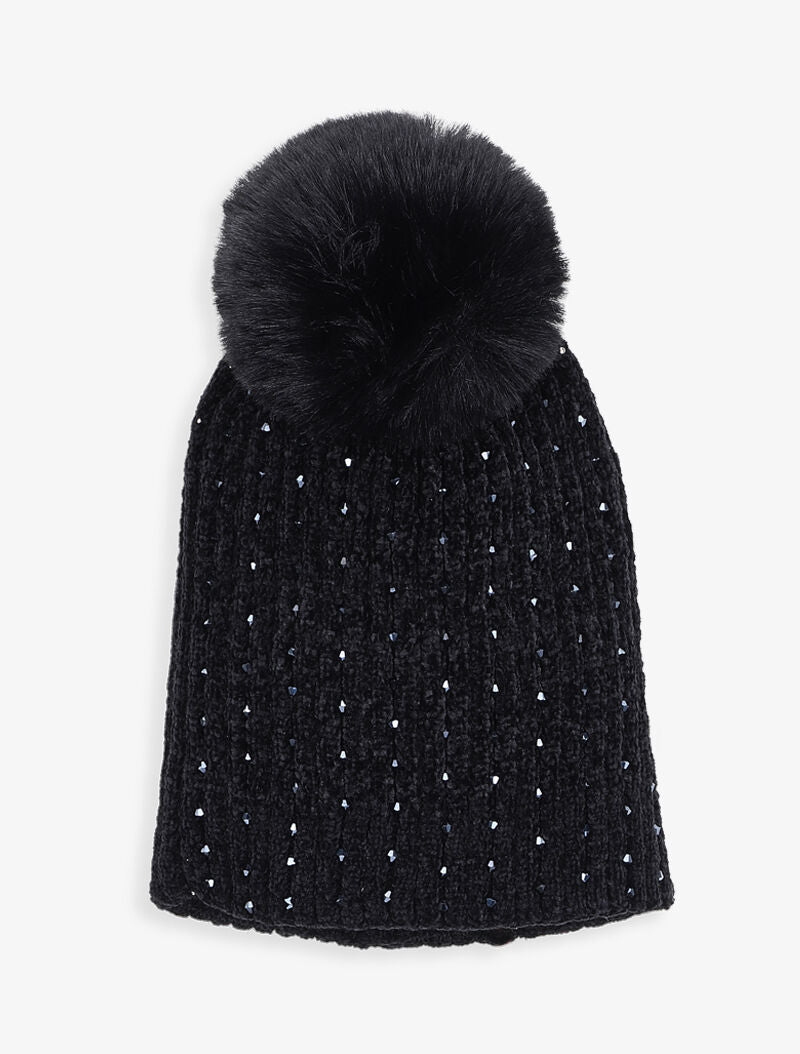 Bonnet côtelé à perles et pompon - Noir - 1