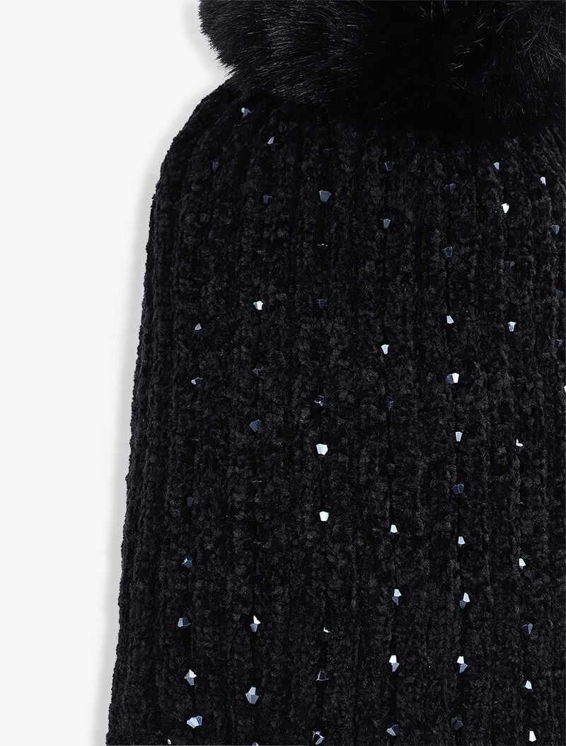 Bonnet côtelé à perles et pompon - Noir - 2
