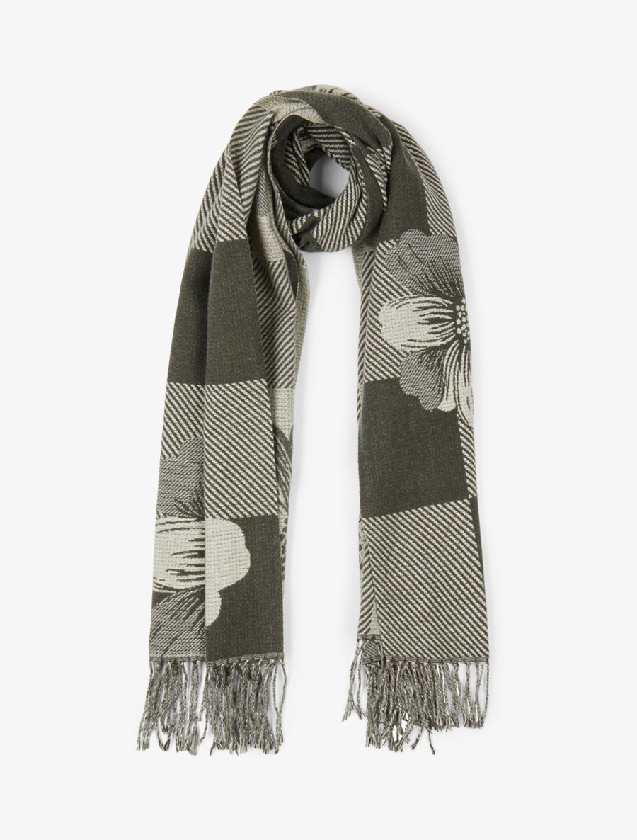Echarpe à carreaux et fleurs - Kaki - 1