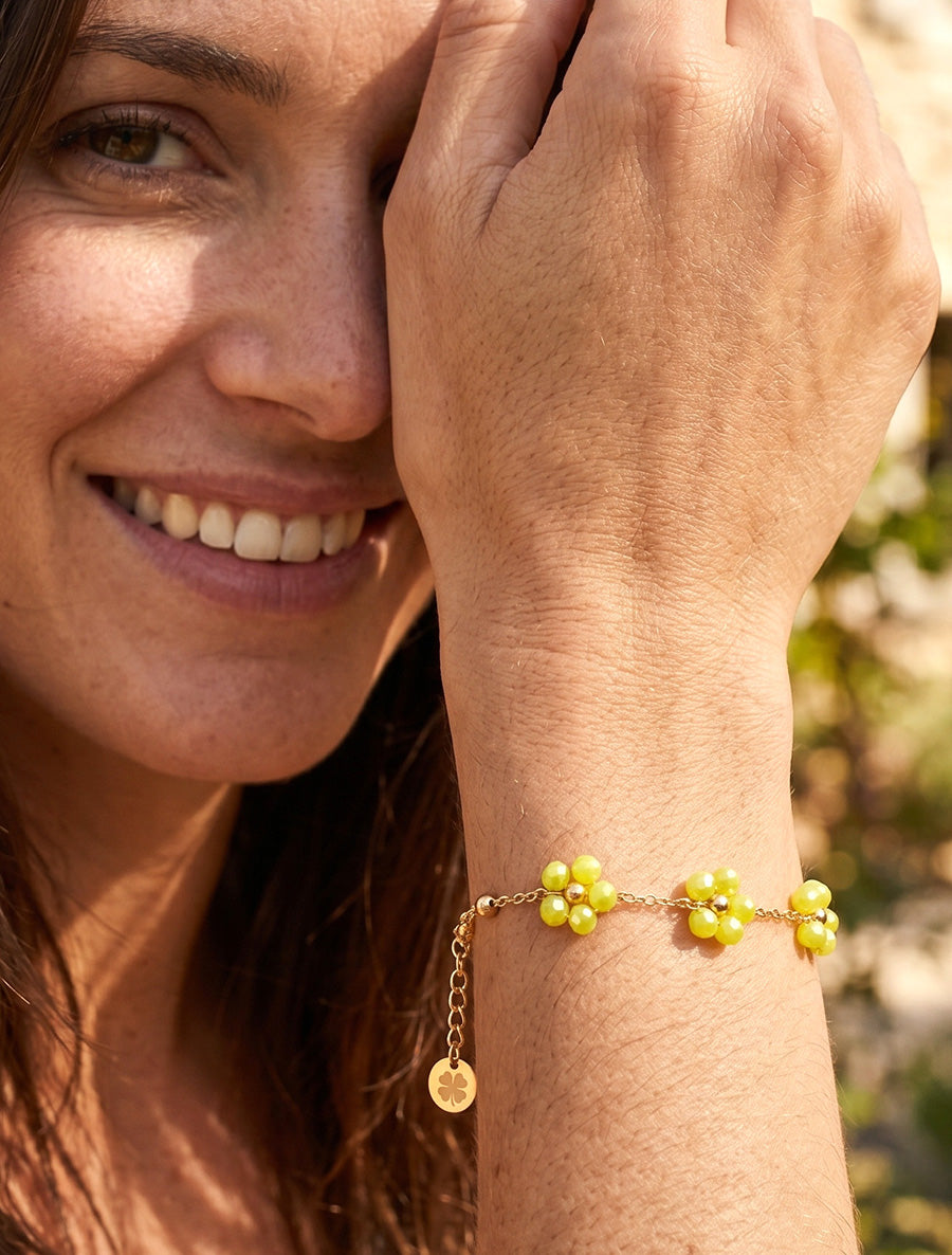 Bracelet à petites fleurs perlées et colorées - Jaune - 1