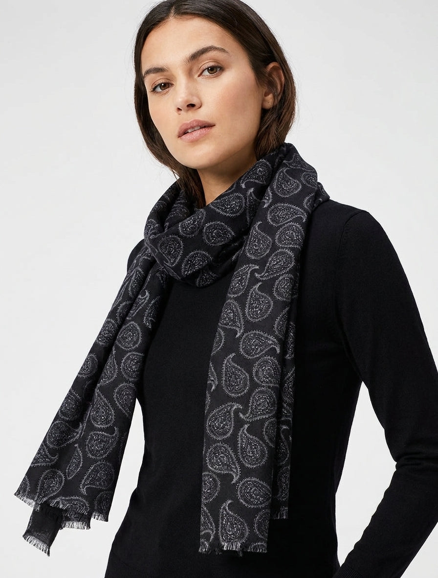 Sjaal van gemengde wol met paisleyprint - Zwart