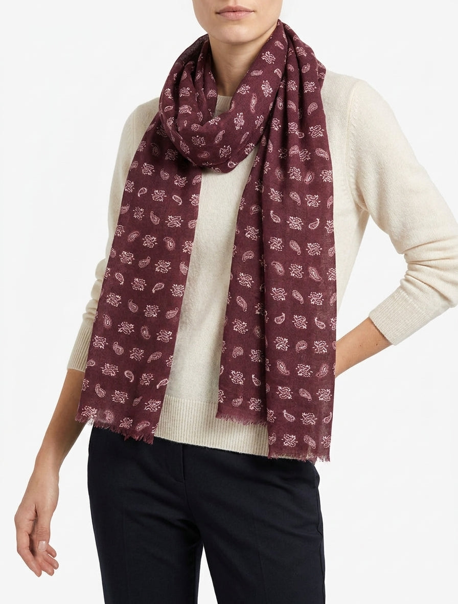 Sjaal met paisleyprint en rafelige randen - Wijnrood