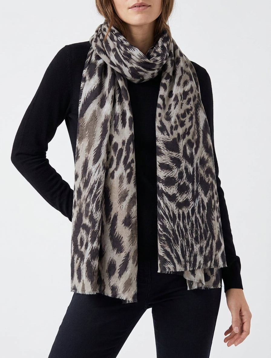 Sjaal van gemengde wol met luipaardprint - Beige