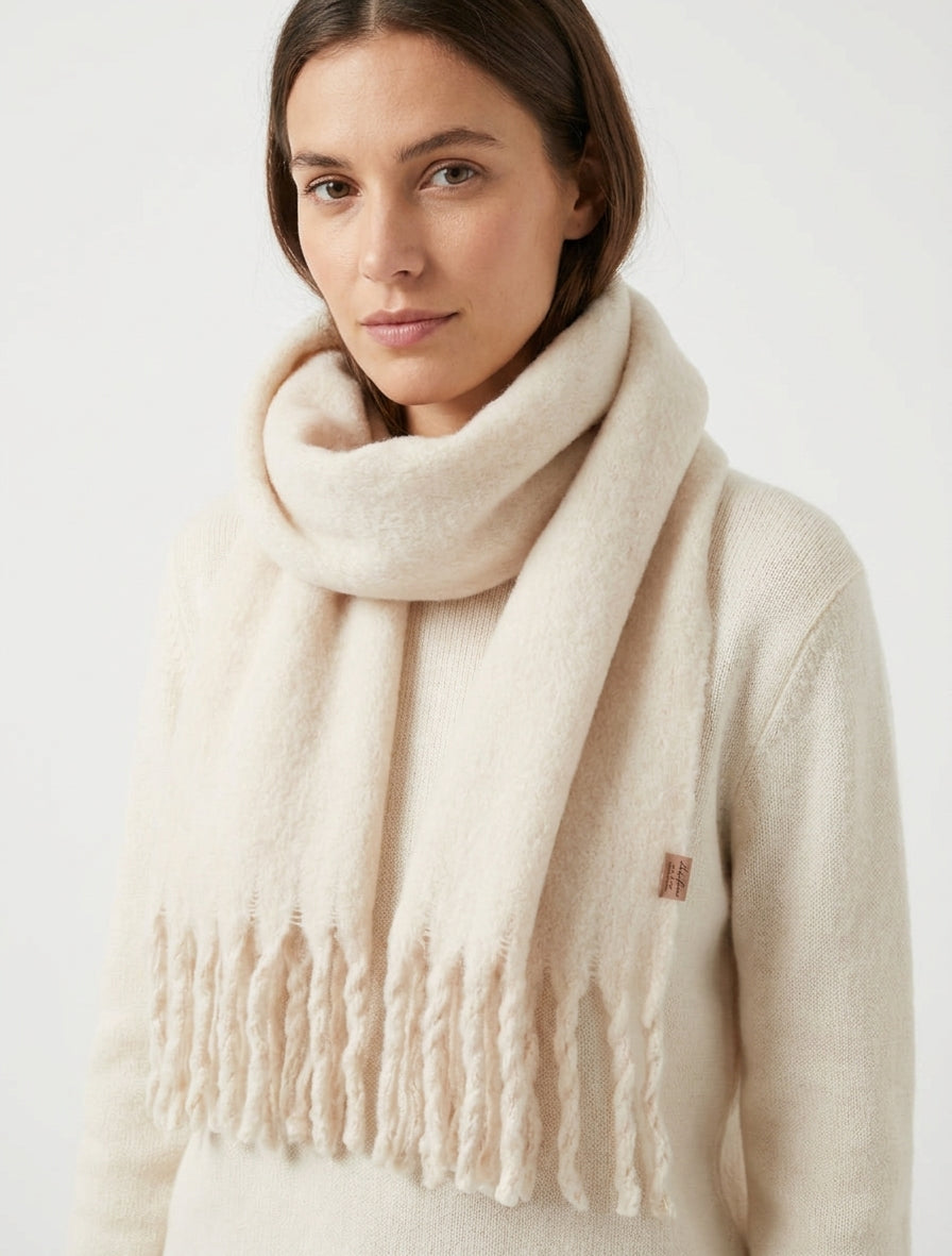 Donsachtige wollen sjaal met franjes - Beige