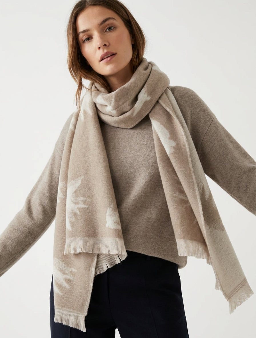 Sjaal van gemengde wol met duivenmotief - Beige
