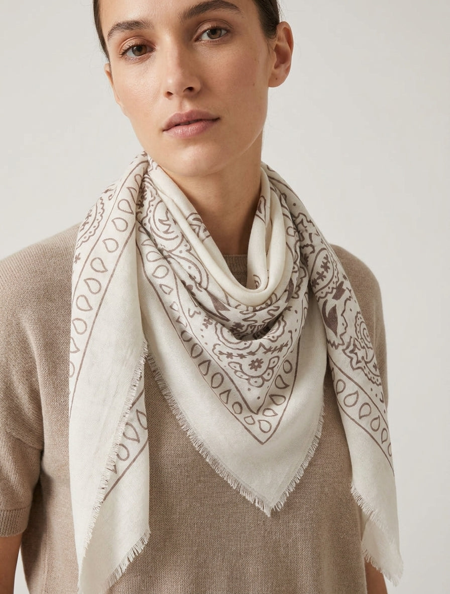 Paisley sjaal met rafelige randen - Ecru