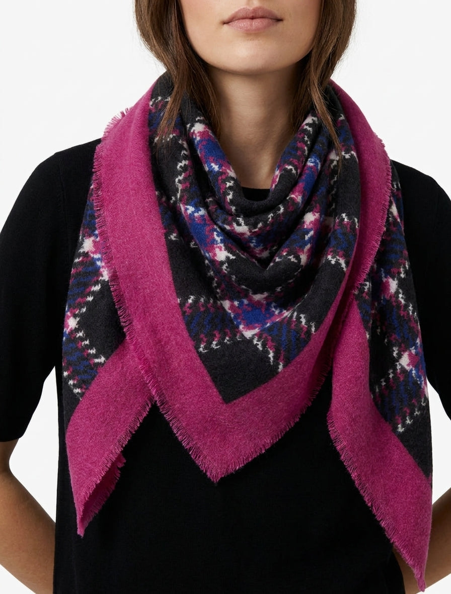 Geruite sjaal met rafelige randen - Fuchsia