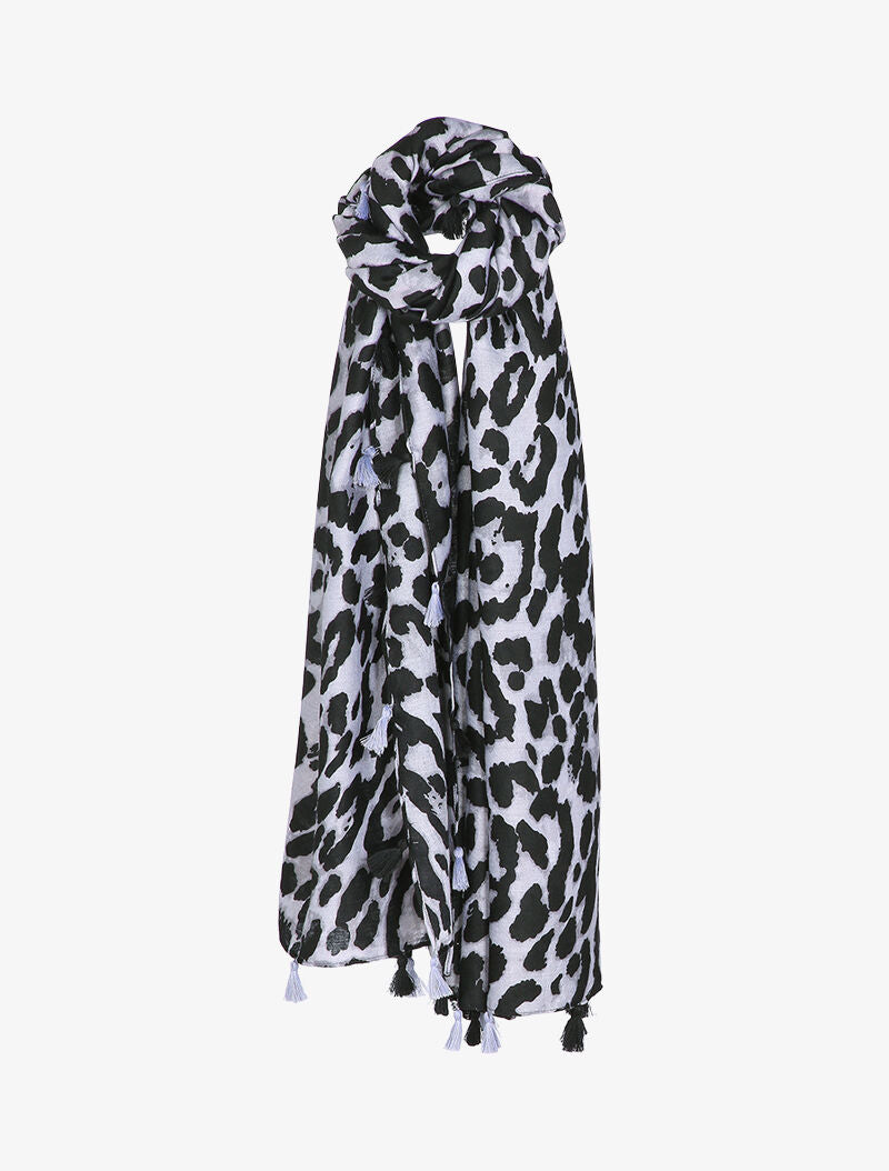 Foulard à imprimé léopard et bords à pompons - Gris clair - 1