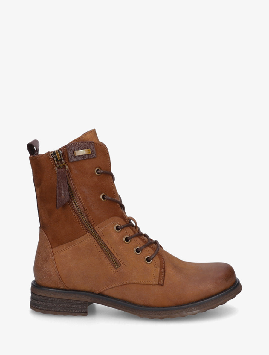 Bottines lacées à zip et empiècement python - Camel - 1