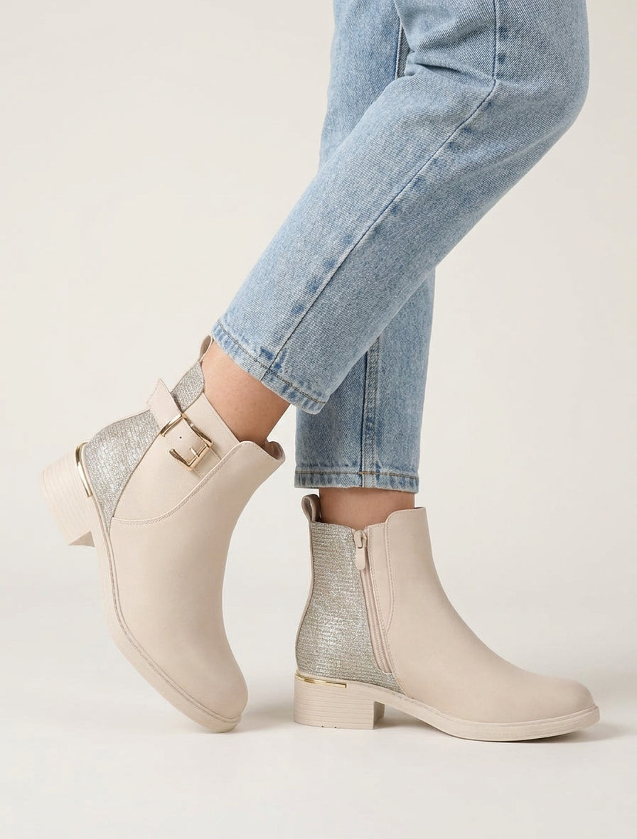 Elastische enkellaarsjes met iriserende hielversteviging - Beige