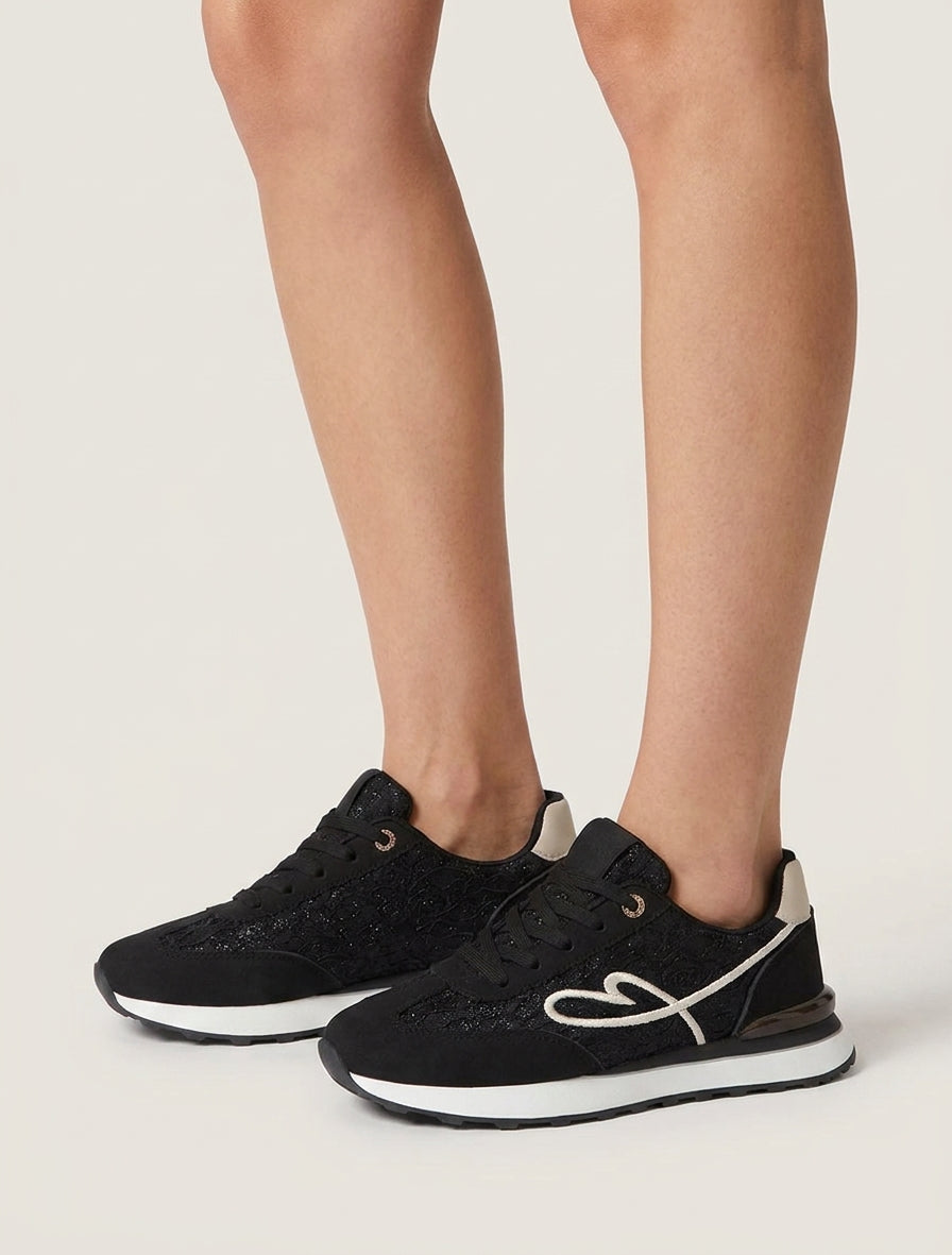 Sneakers van nubuck-effect en glinsterend kant - Zwart