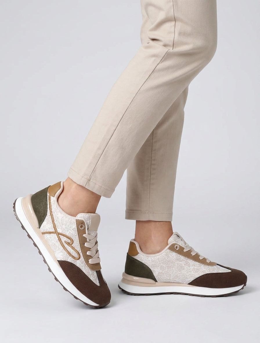Sneakers van nubuck-effect en glinsterend kant - Beige/bruin