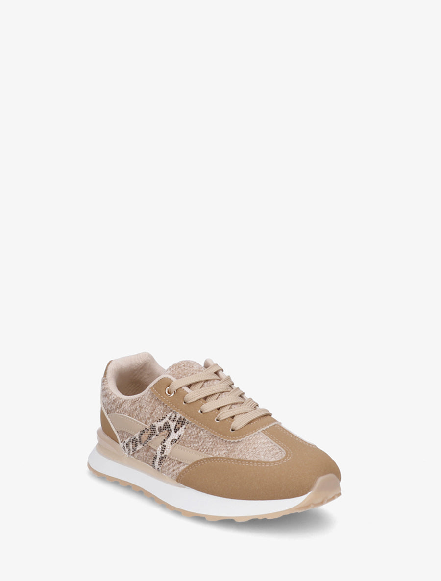 Baskets effet nubuck et tissu empiècement en V léopard - Beige foncé - 2