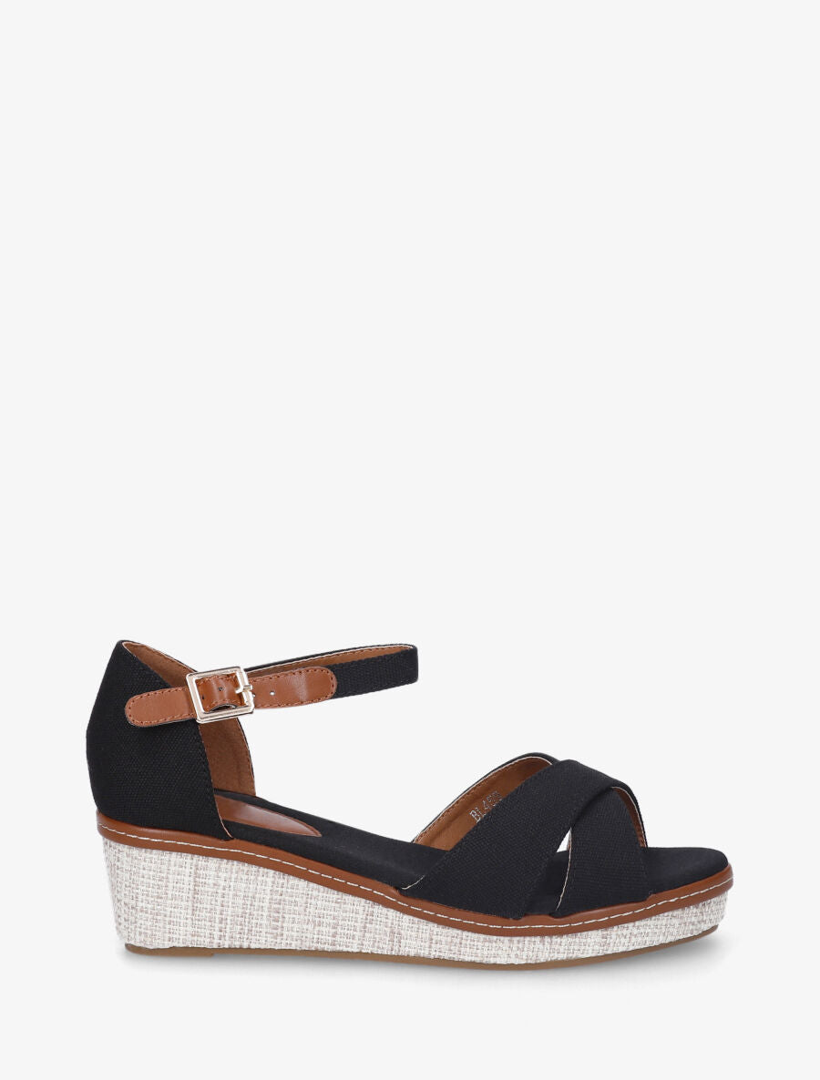 Sandales compensées bride croisées en tissu - Noir - 2